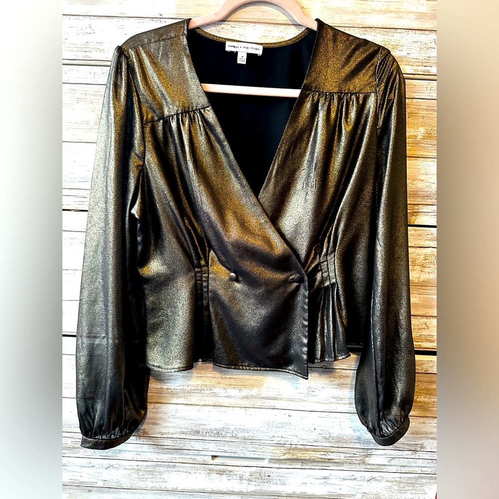 ✨ Express x Negin Mirsalehi Bronze Metallic Wrap Top M Sheer Sleeve